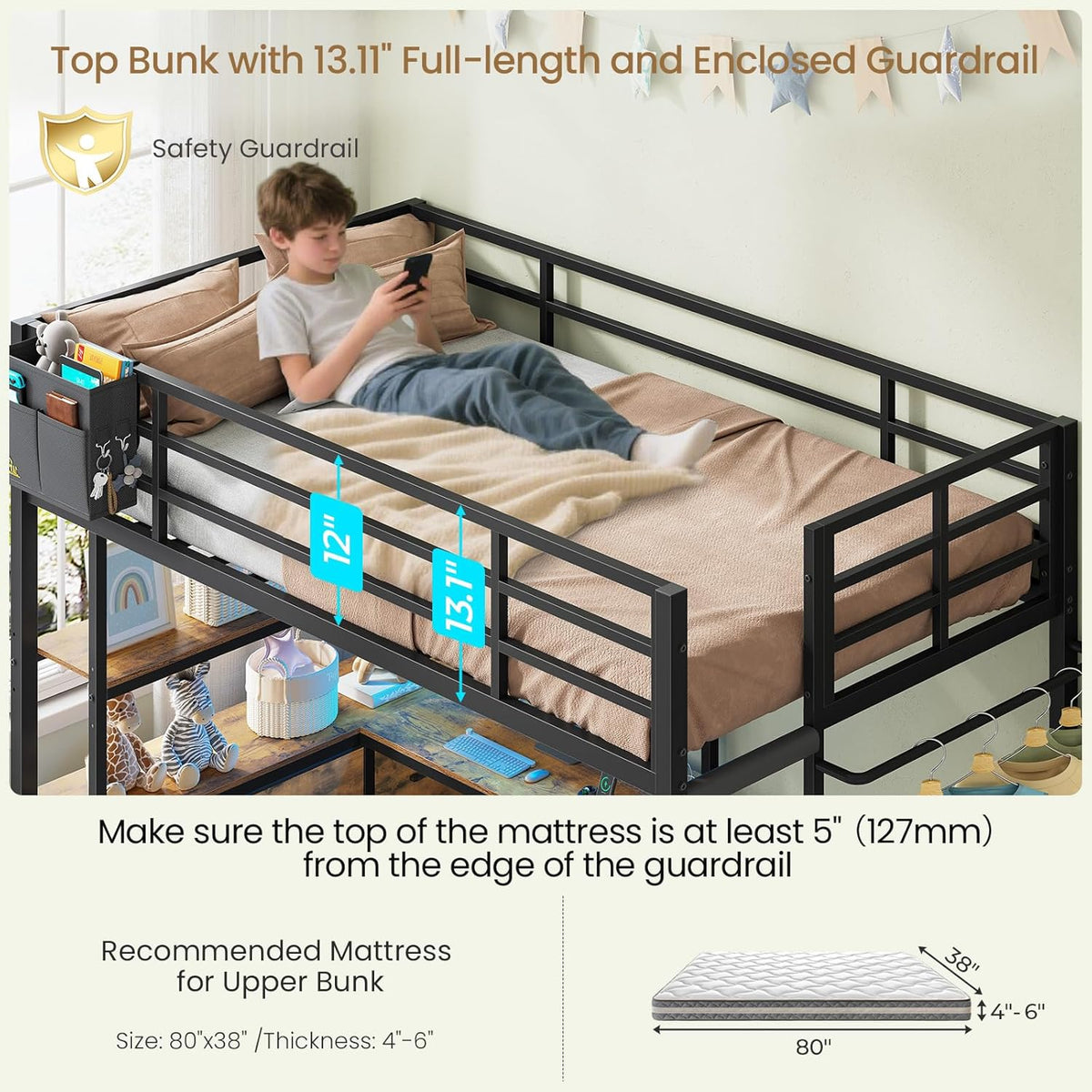 DICTAC Twin XL Over Twin Metal Bunk Bed With L-Shaped Desk, 5 Drawers, 2 Shelves, LED Lights And Charging Station - Black