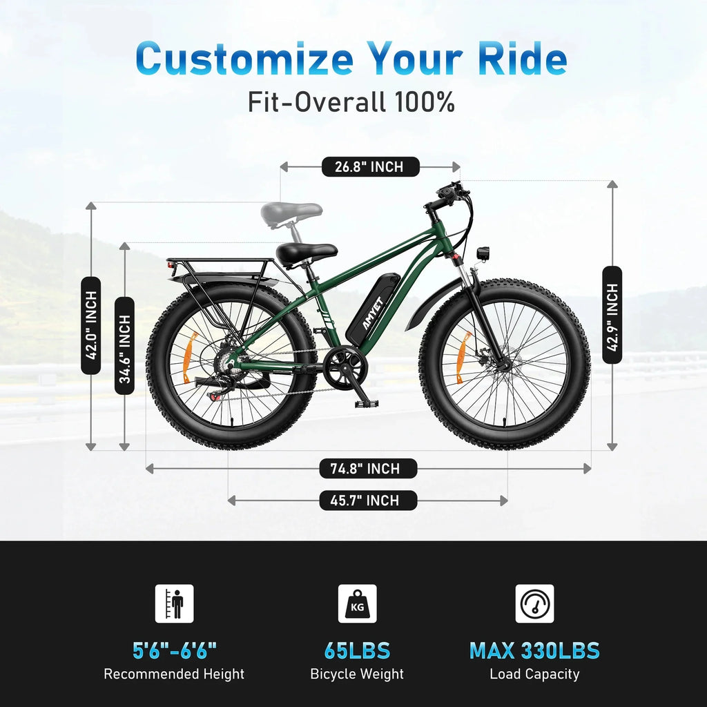 AMYET 26 x 4 Fat Tire Electric Mountain Bike, 48V 15Ah, 7-Speed - EB26