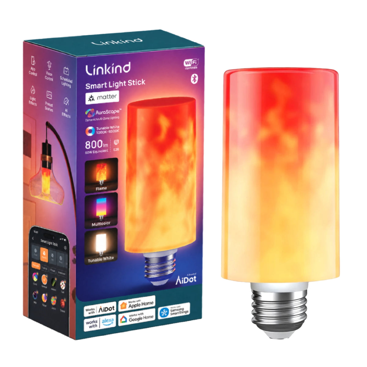 Linkind Smart Light Stick, Flame, Color and White Smart Light Bulb, 800lm, Works with AiDot, Alexa, Apple Home, Google Home, Halloween Decor, Custom Flame Effect, E26, 2.4G WiFi