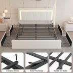 Full Upholstered Platform Bed Frame With 4 Storage Drawers, LED Lights, Adjustable Headboard And Charging Station - White