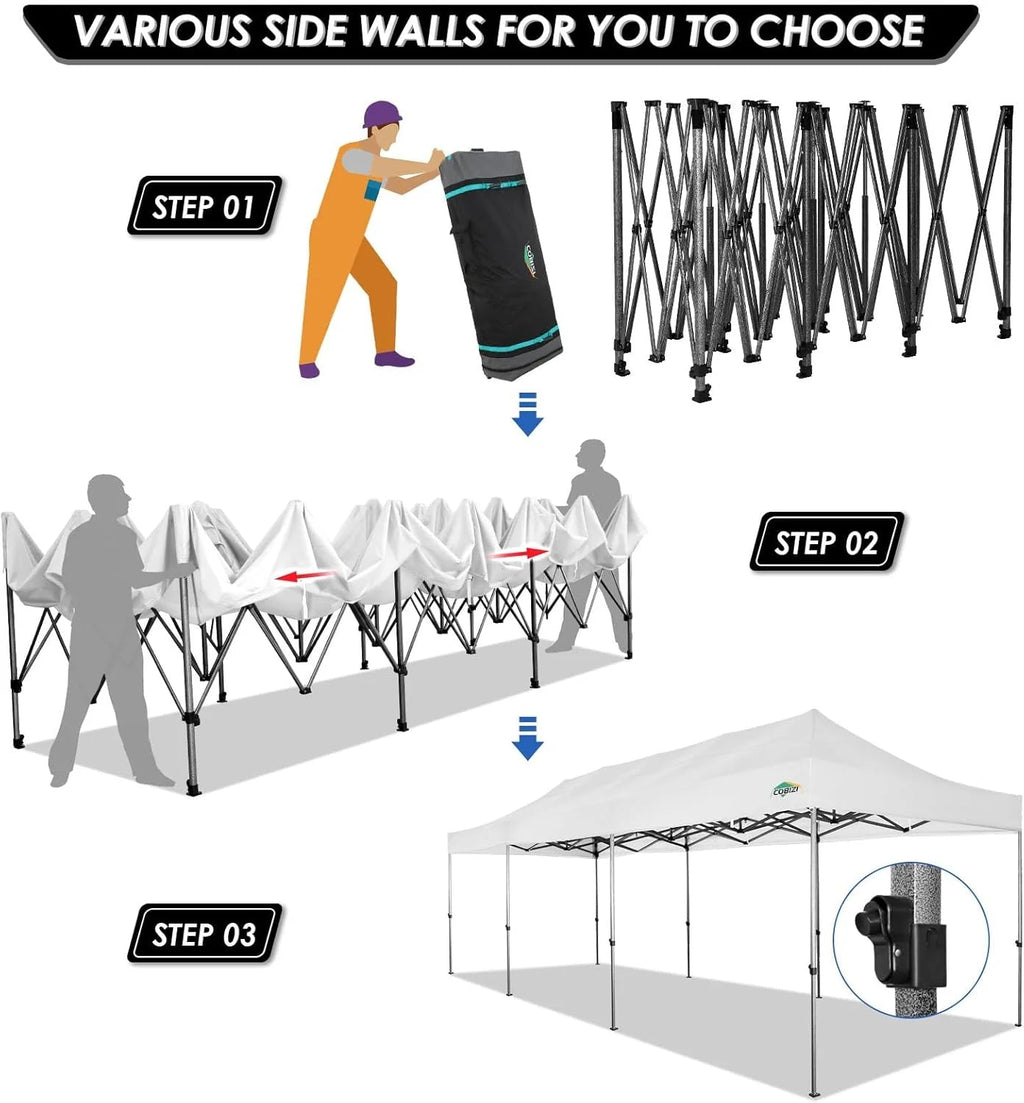 COBIZI 10x20 Heavy Duty Pop-Up Canopy Tent With 6 Sidewalls - Black
