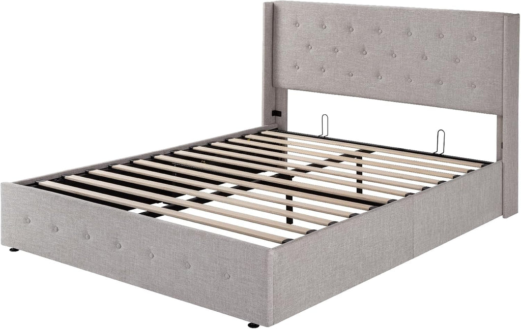 Allewie Queen Lift Up Storage Bed Frame With Wingback Headboard, Light Beige - 80.7 x 60.6 x 44.5 in