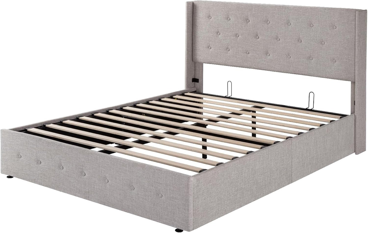 Allewie Queen Lift Up Storage Bed Frame With Wingback Headboard, Light Beige - 80.7 x 60.6 x 44.5 in
