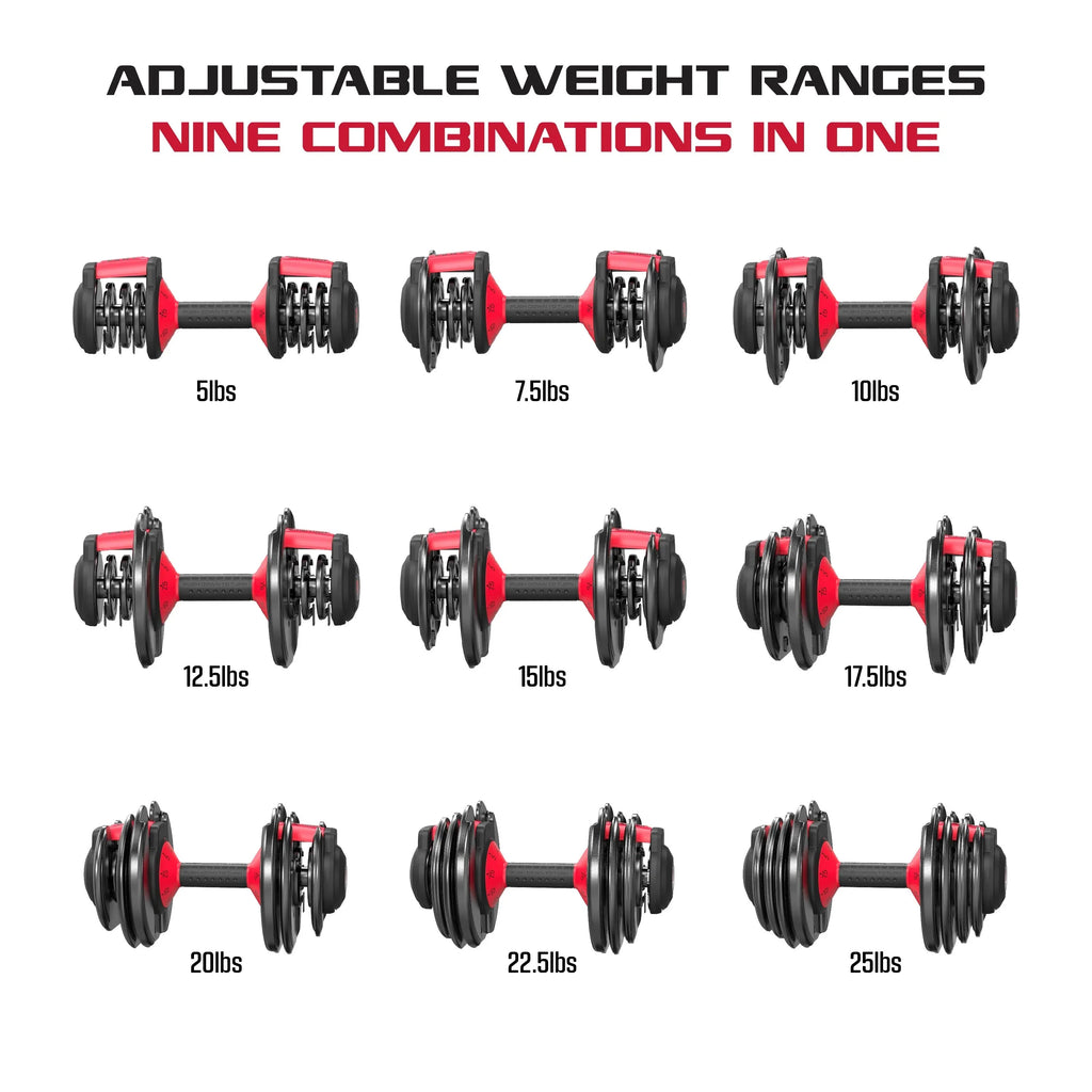 FitRx SmartBell Adjustable Dumbbell Set, 2-Pack, 25lb, 9-in-1 Quick-Select Weights, 2.5lb Increments