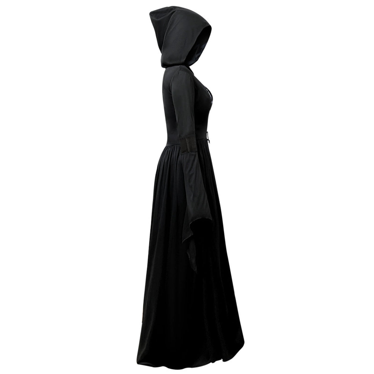 Dark Mage Hooded Robe for Women Halloween Witch Costume with Flared Sleeves & Fitted Bodice