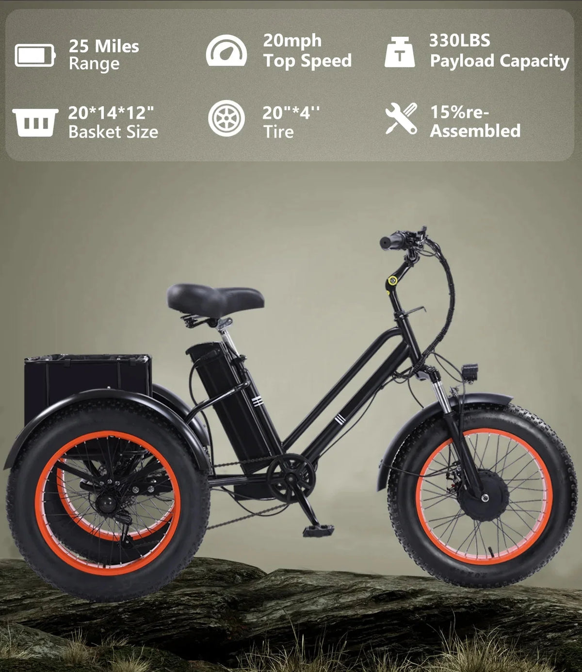 YEBEI Folding Electric Tricycle for Adults, 500W Motor, 48V15AH Lithium Battery, 20 x 4.0 in Fat Tires