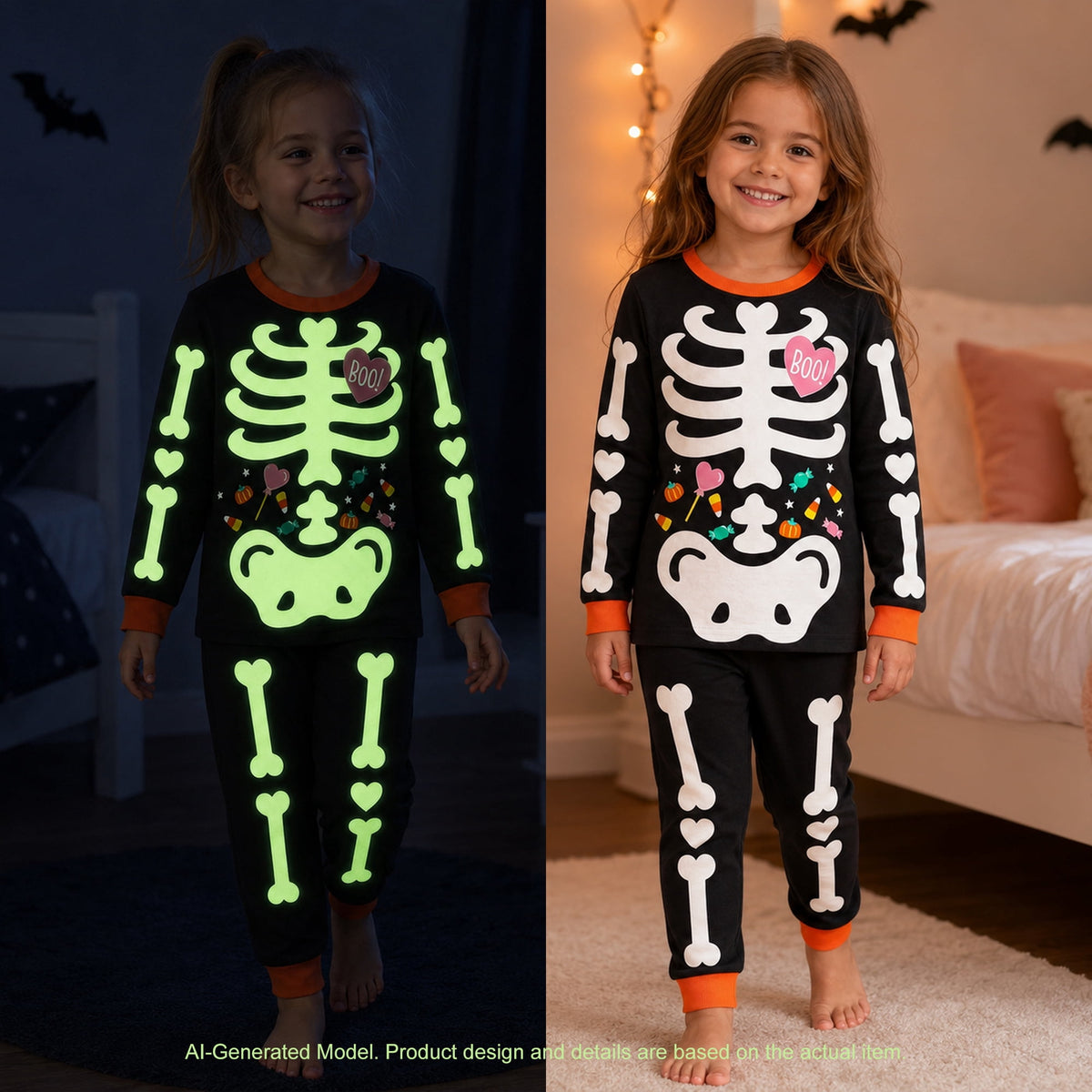 Rimyaw Kids Halloween Pajamas Set, Glow in the Dark Skeleton Sleepwear, 2-Piece cottom Long Sleeve PJs for Boys and Girls, Black