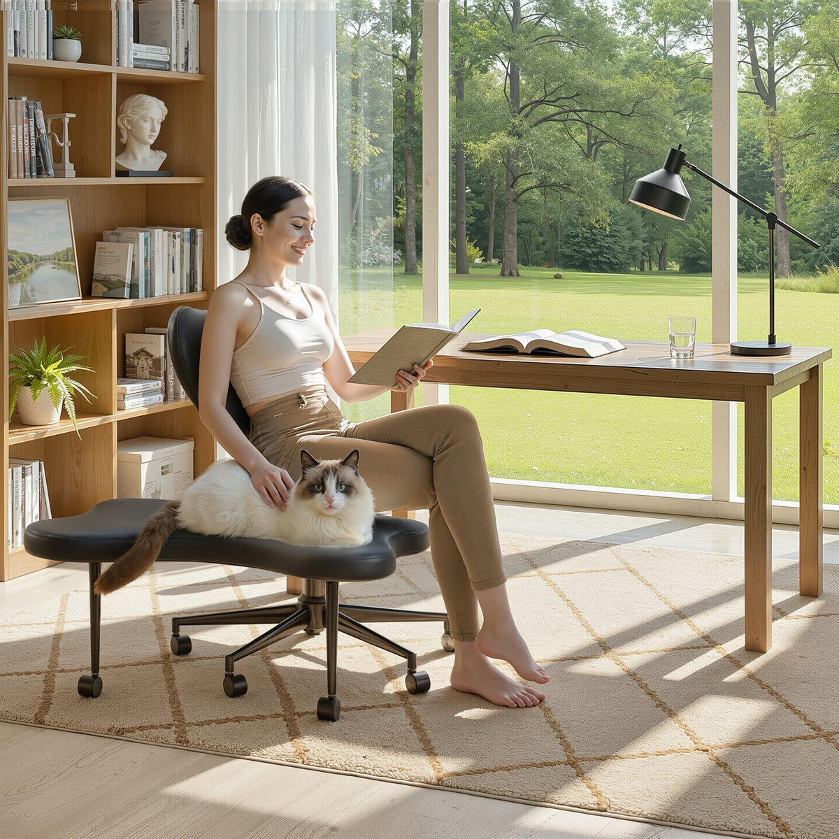 Pinmoco Ergonomic Cross-Legged Swivel Chair, Adjustable Height, Teddy Fabric, Off White