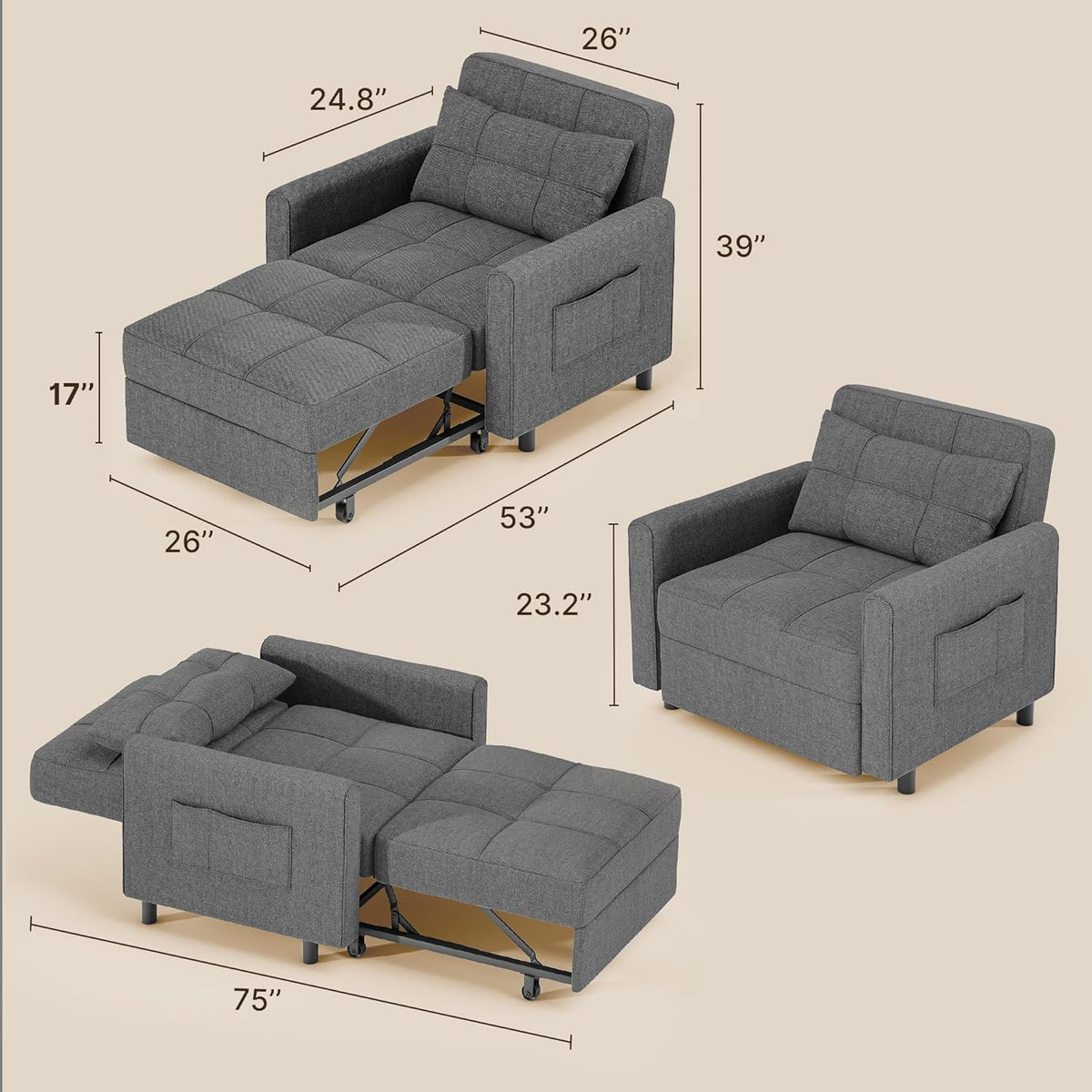 3-in-1 Convertible Pullout Sleeper Chair Bed - 75in x 26in x 17in