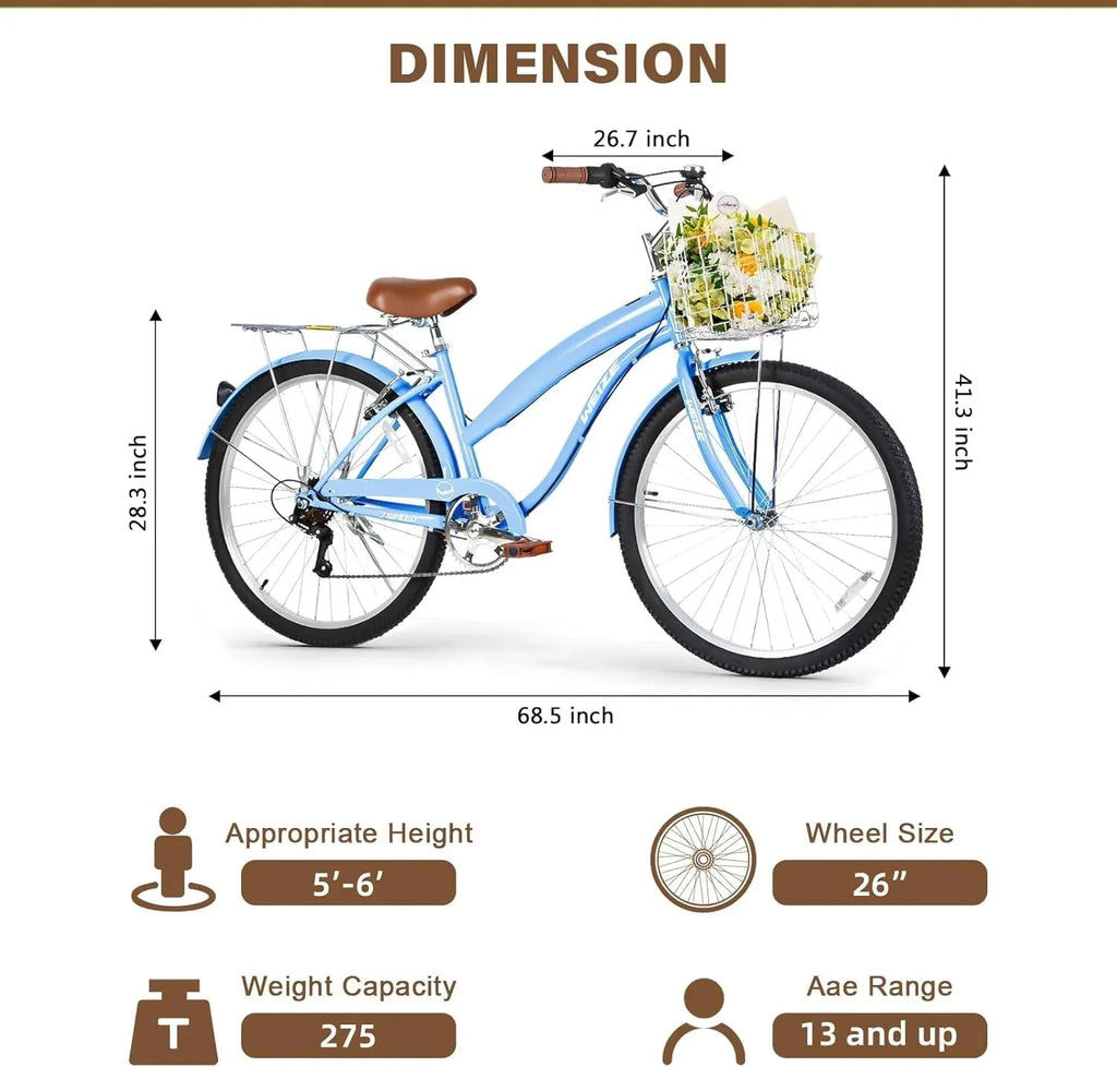 WEIZE 26 Inch 7-Speed High-Carbon Steel Beach Cruiser Bike