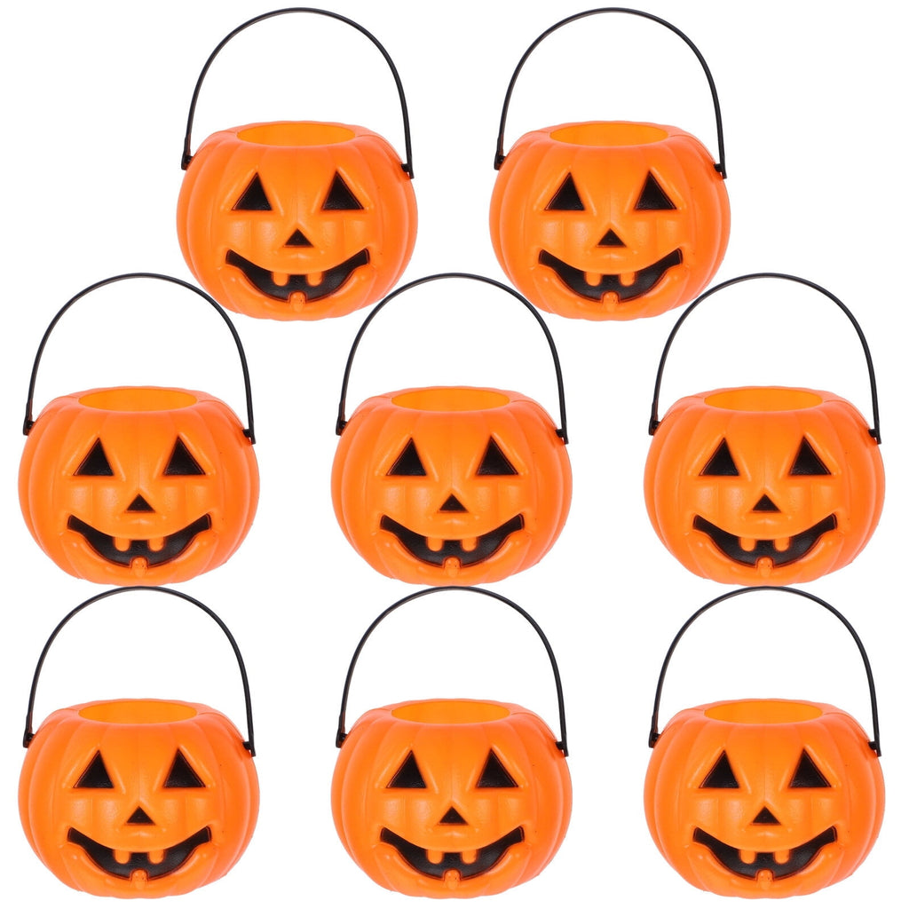 8-Pack Plastic Pumpkin Candy Buckets - Halloween Trick or Treat Pails for Kids, Orange Party Decorations, Durable Candy Holders for Children
