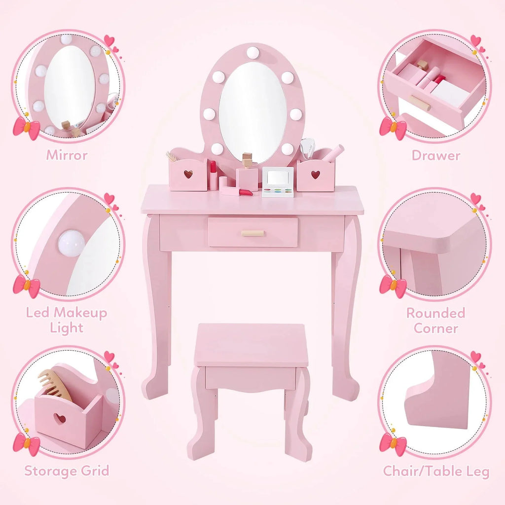 Kids Wood Vanity Table And Chair Set With Lights, Mirror, Drawer And Stool