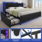 Moasis Queen Platform Bed Frame With PU Upholstery, LED Lighting And 4 Storage Drawers