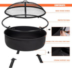 SUNCREAT 42-Inch Wood Burning Patio Fire Pit, Black, 42.1 Inch Diameter x 25.2 Inch High