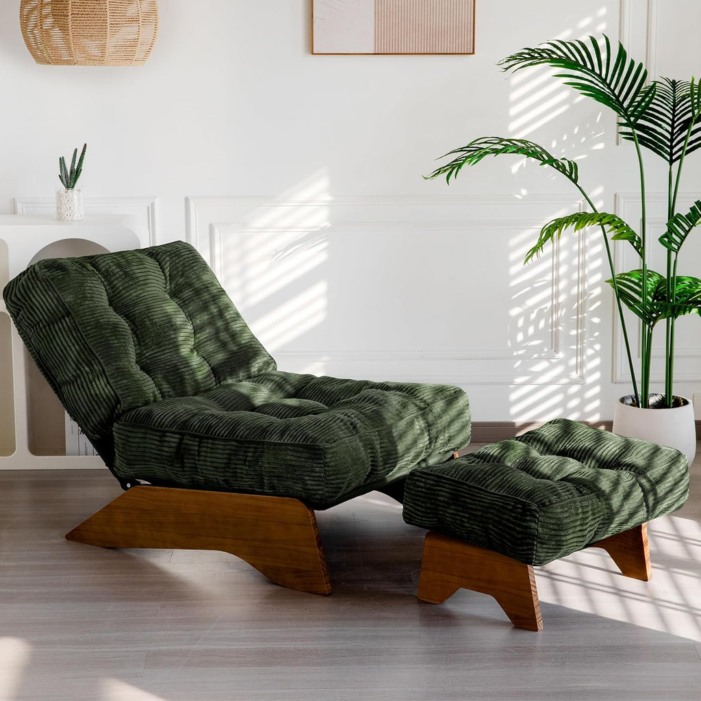 MAXYOYO Accent Chair With Ottoman, Adjustable Backrest, Corded Green, 27.1in W x 27.1in D x 15.7in H