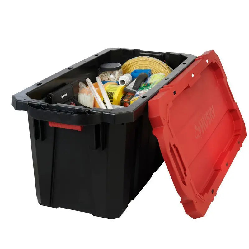 Husky Heavy Duty Stackable Storage Tote With Wheels, 45 Gal, 45.24 x 20.87 x 18.96 in, Black/Red Lid
