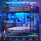 DICTAC Twin XL Over Twin Metal Bunk Bed With L-Shaped Desk, 5 Drawers, 2 Shelves, LED Lights And Charging Station - Black