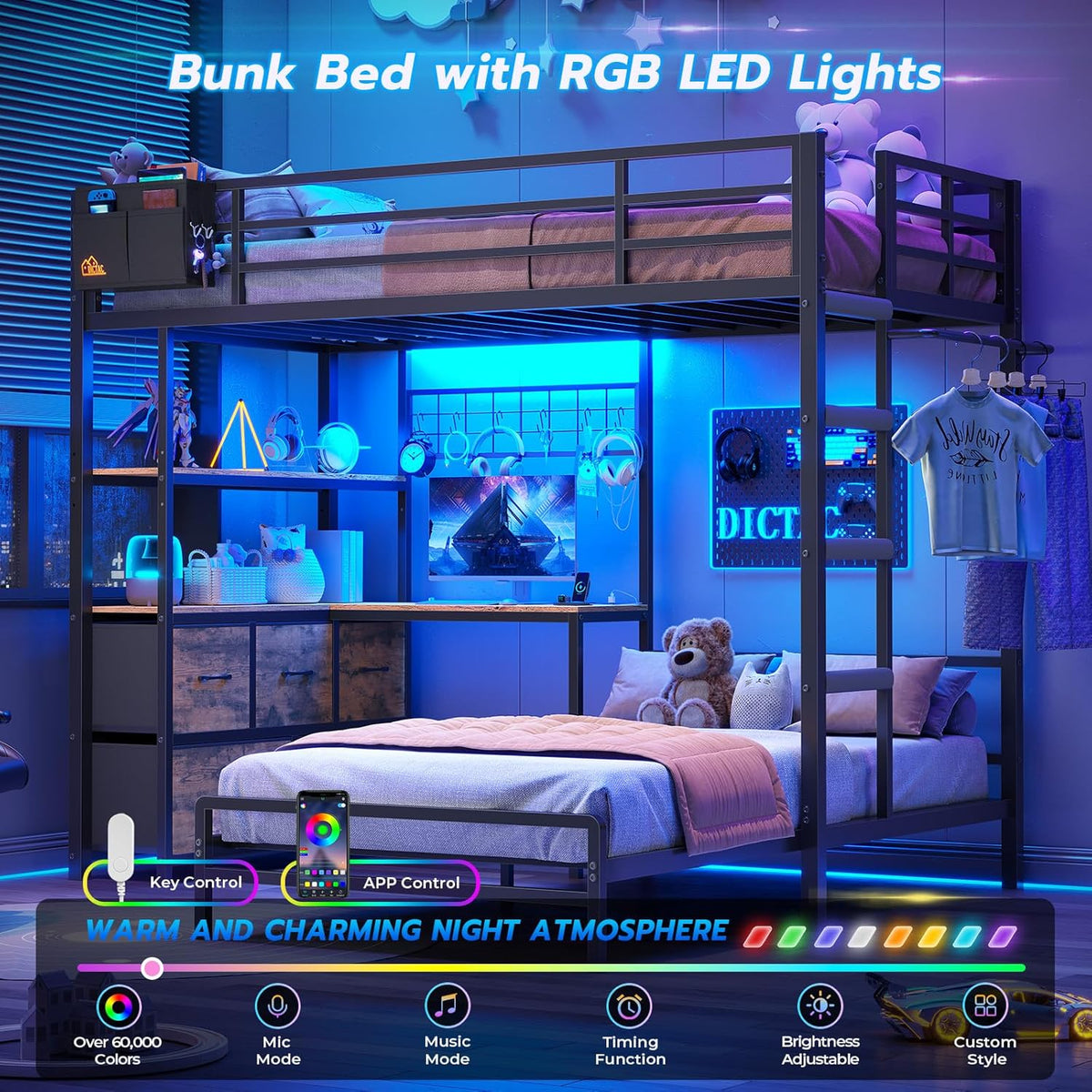 DICTAC Twin XL Over Twin Metal Bunk Bed With L-Shaped Desk, 5 Drawers, 2 Shelves, LED Lights And Charging Station - Black