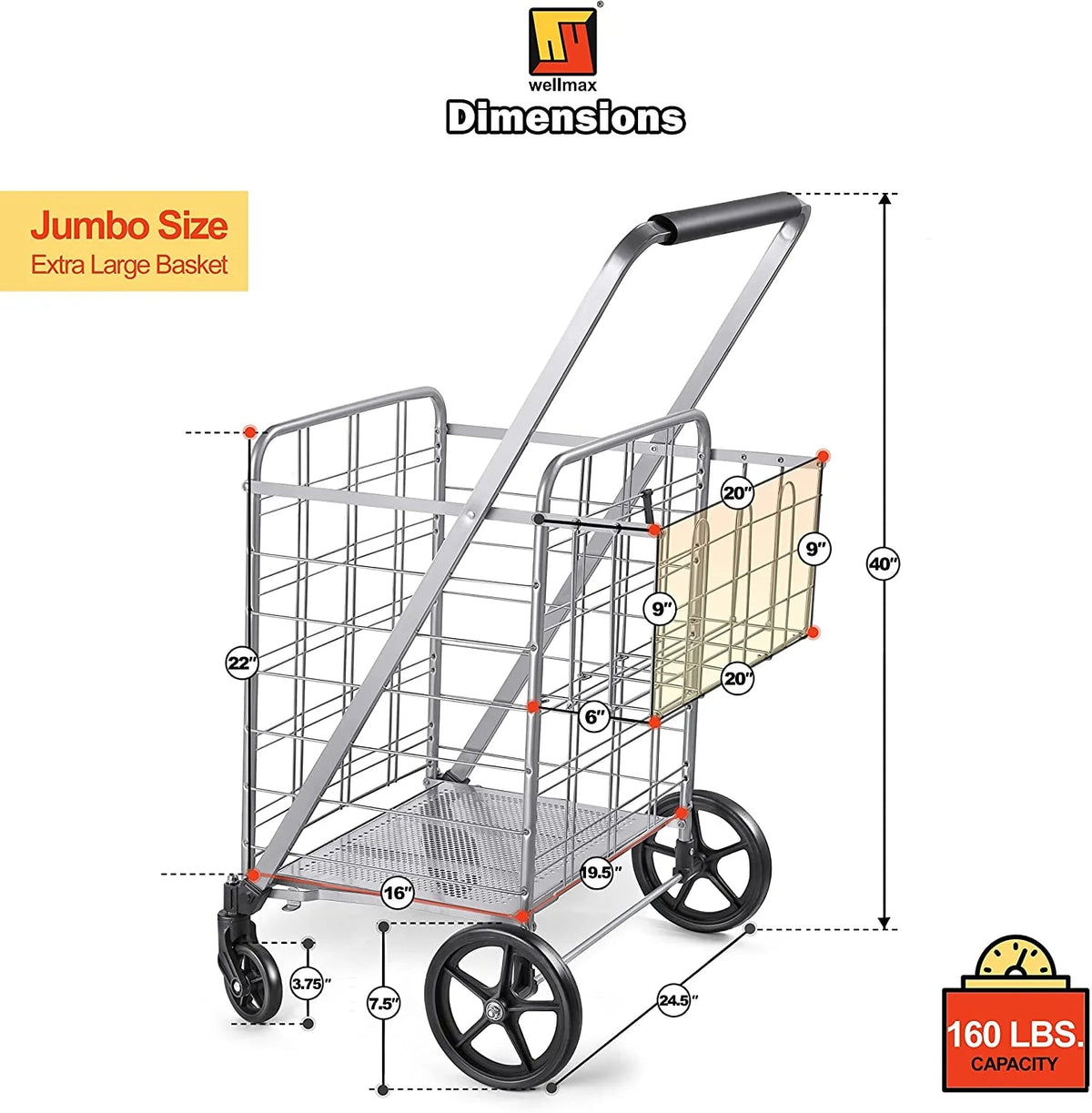 Wellmax Folding Metal Grocery Shopping Cart With Wheels, 31 x 24.5 x 40 Inches - WM99028S