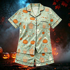 CUZIBR Girls Halloween Pajamas Sets Soft Comfortable Ghost Pumpkin Lapel Button Short Sleeve Shirt Elastic Waist Shorts 2 Pieces Sleep Loungewear Relaxed Sleepwear Outfits, Orange-C