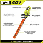 RYOBI 40V 24" Hedge Trimmer Kit - 40V 2Ah Lithium Battery
