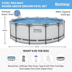 Steel Pro MAX 14 Foot x 48 Inch Round Steel Frame Above Ground Pool Set With 1,000 Filter Pump, Ladder And Cover - Gray