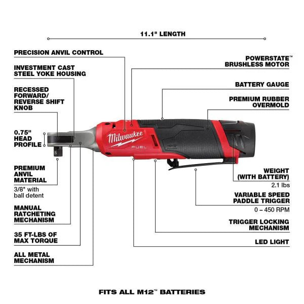 M12 FUEL 12V Lithium-Ion Brushless Cordless High Speed 3/8 in Ratchet Kit With 2 Batteries, Charger And Bag - 2567-22