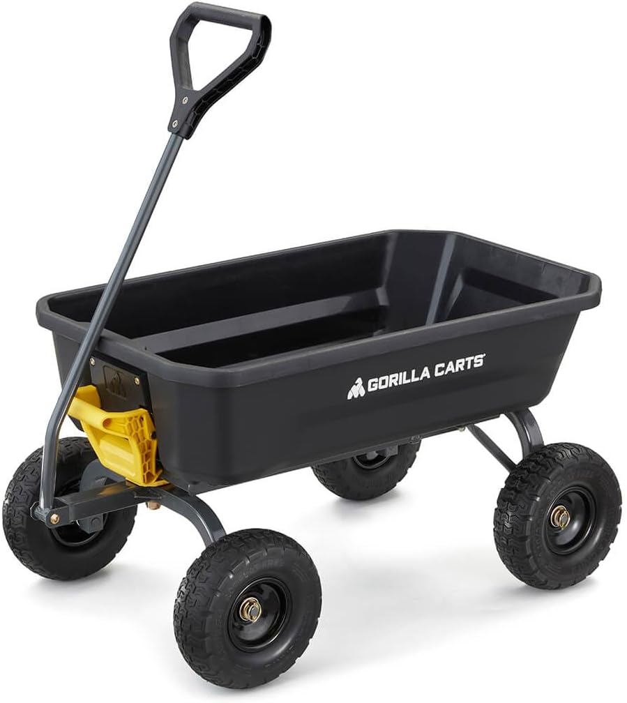 Poly Dump Garden Cart With No-Flat Tires And Serrated Shovel, 7 Cubic Feet, 1,200 lb Capacity, Black