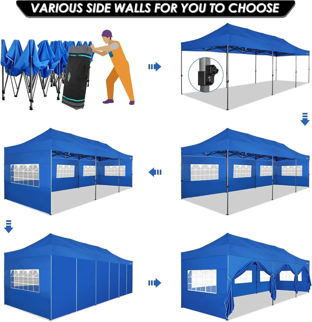 COBIZI 10x20 Heavy Duty Pop-Up Canopy Tent With 6 Sidewalls - Black