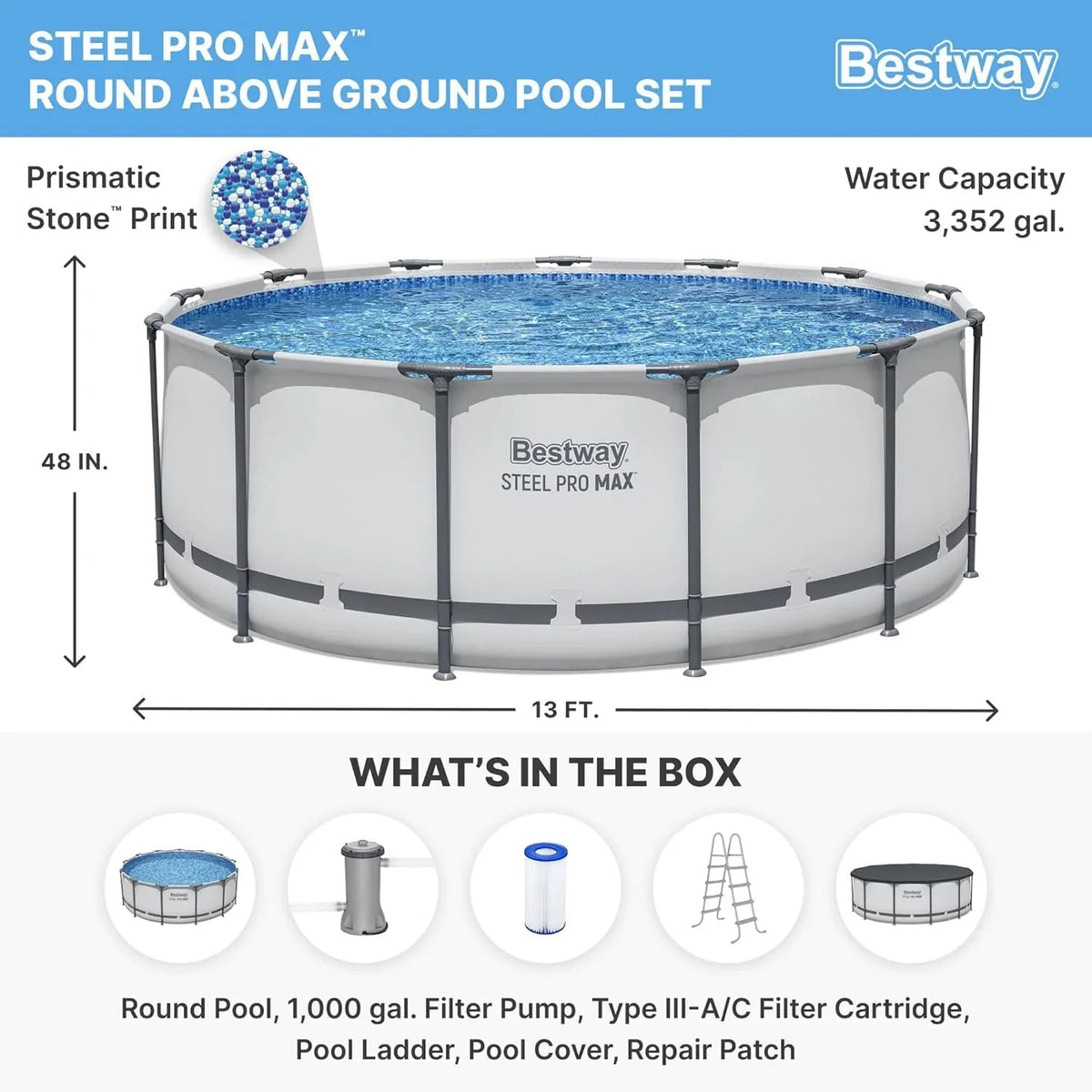 Steel Pro MAX 14 Foot x 48 Inch Round Steel Frame Above Ground Pool Set With 1,000 Filter Pump, Ladder And Cover - Gray