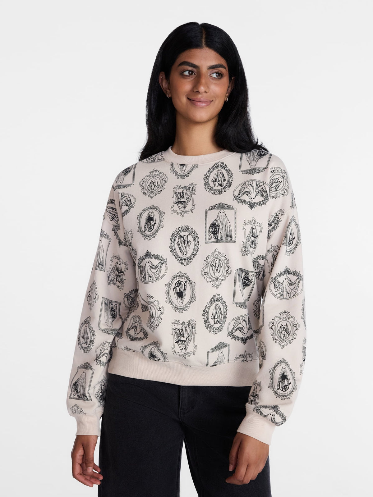 Ghost Frame Women's Halloween Graphic Crew Pullover Sweatshirt