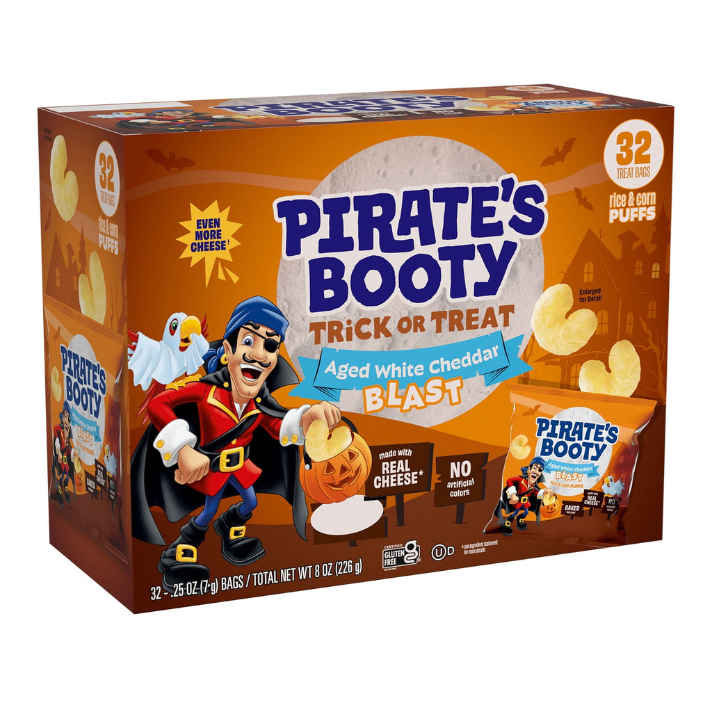 Pirate's Booty Aged White Cheddar Blast Cheese Puffs, Halloween Snack Bags, .25 oz (32 Count)