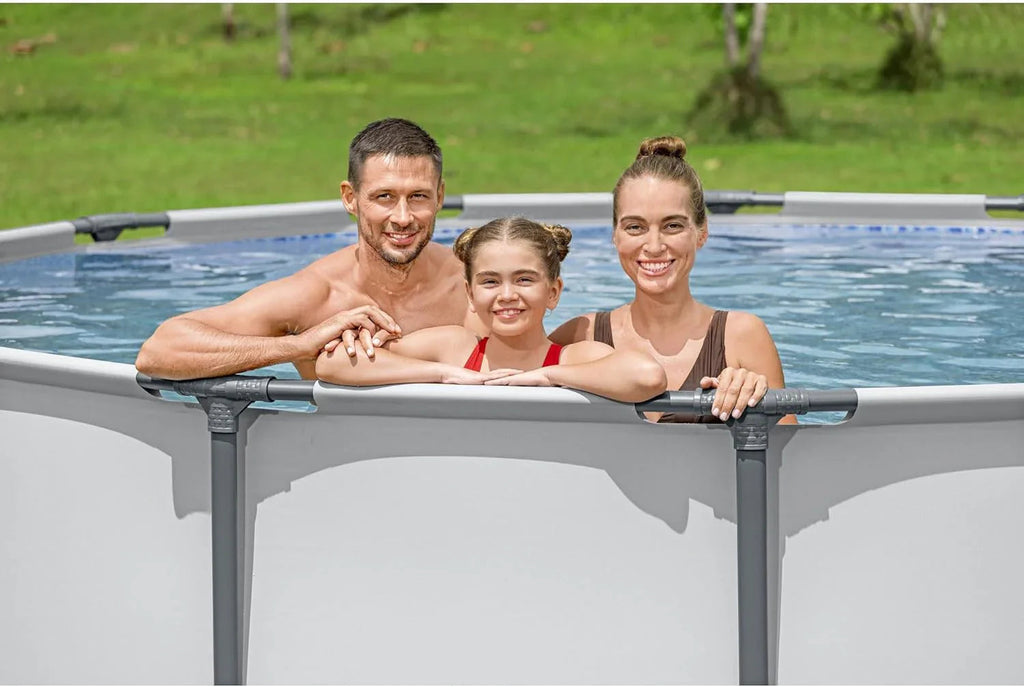 Steel Pro MAX 14 Foot x 48 Inch Round Steel Frame Above Ground Pool Set With 1,000 Filter Pump, Ladder And Cover - Gray