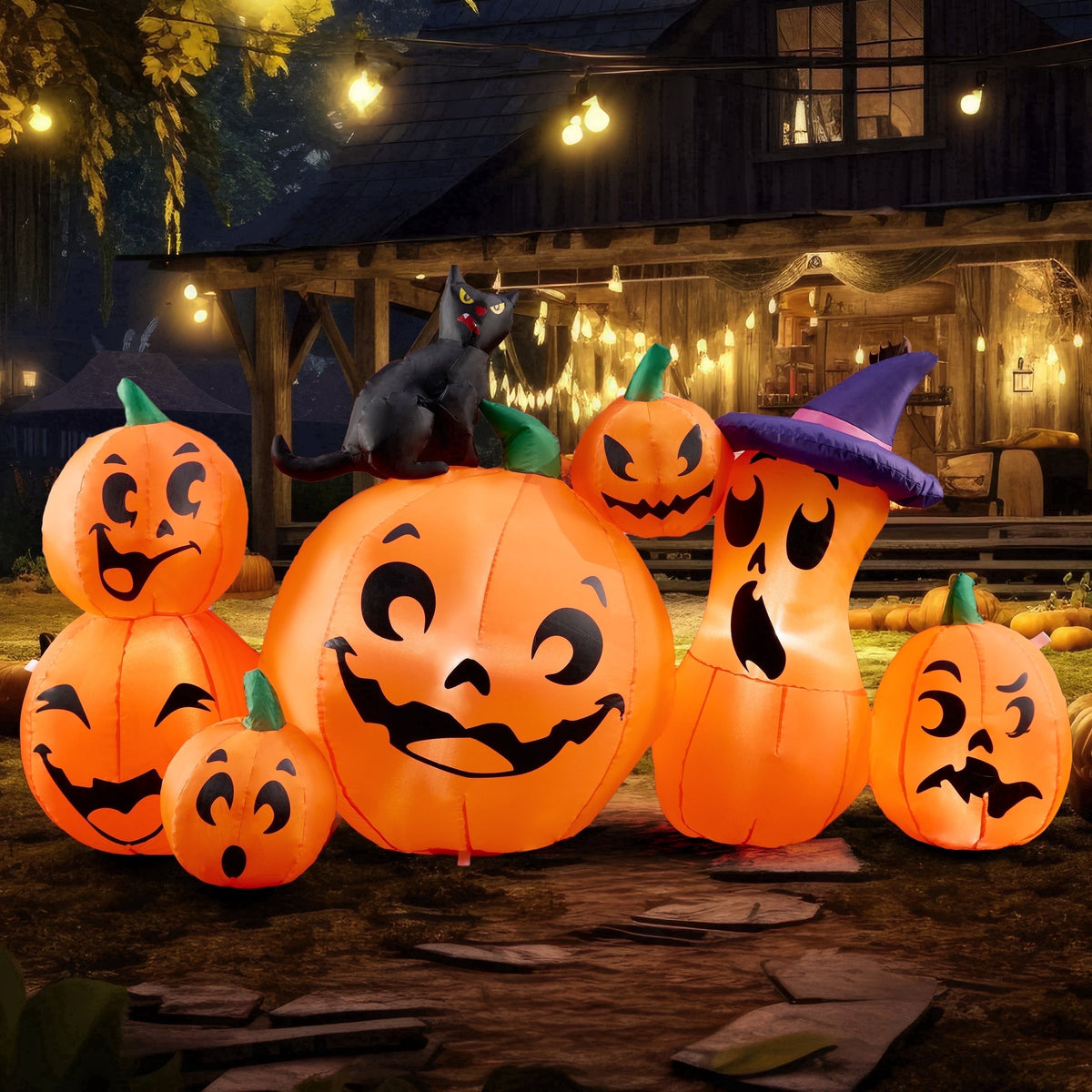 Joyfy 7 ft Halloween Inflatable Long Pumpkin with Witch's Cat Decorations Inflatables with Build-in LEDs, Halloween Decor Outdoor Blow Up Yard Decorations