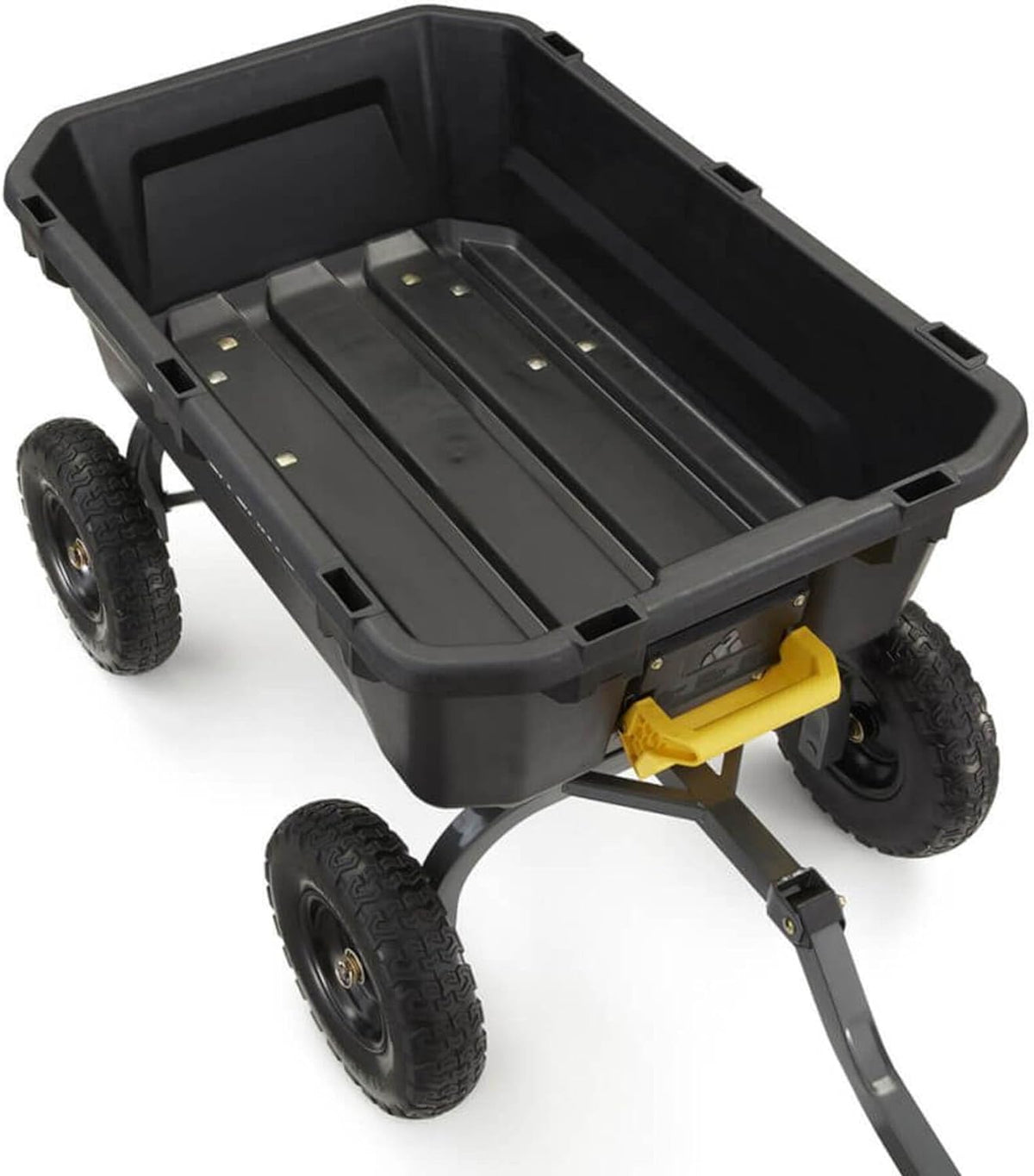Poly Dump Garden Cart With No-Flat Tires And Serrated Shovel, 7 Cubic Feet, 1,200 lb Capacity, Black