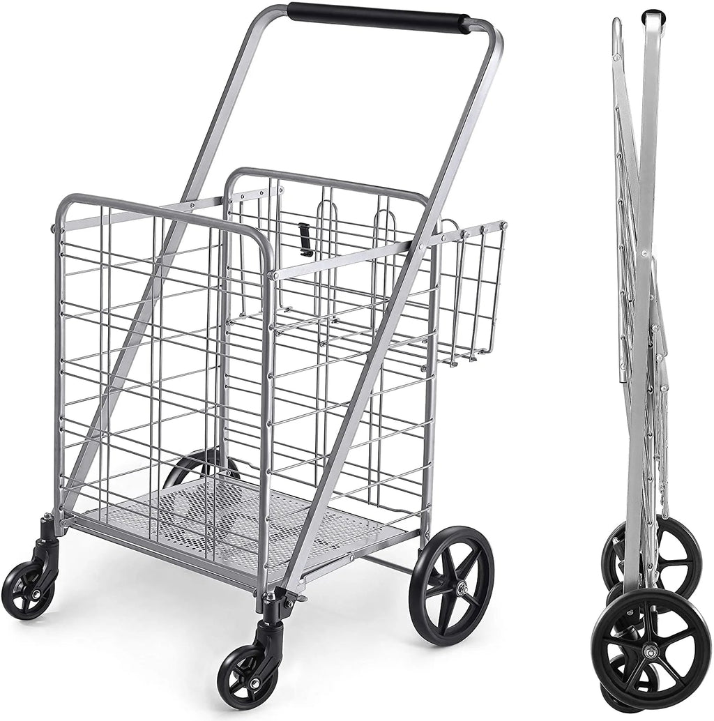 Wellmax Folding Metal Grocery Shopping Cart With Wheels, 31 x 24.5 x 40 Inches - WM99028S