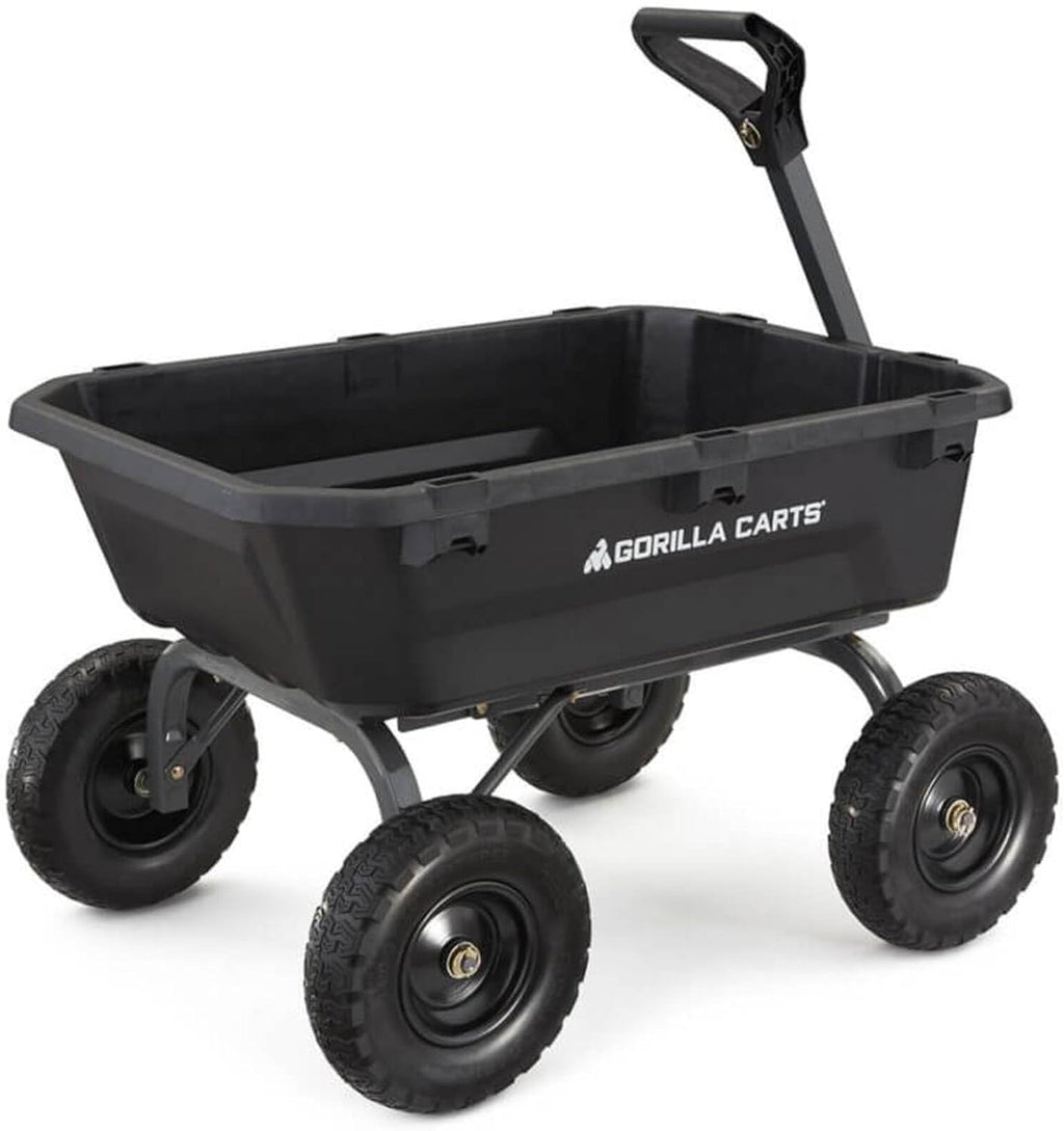 Poly Dump Garden Cart With No-Flat Tires And Serrated Shovel, 7 Cubic Feet, 1,200 lb Capacity, Black