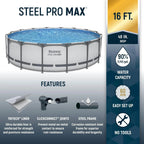 Steel Pro MAX 14 Foot x 48 Inch Round Steel Frame Above Ground Pool Set With 1,000 Filter Pump, Ladder And Cover - Gray
