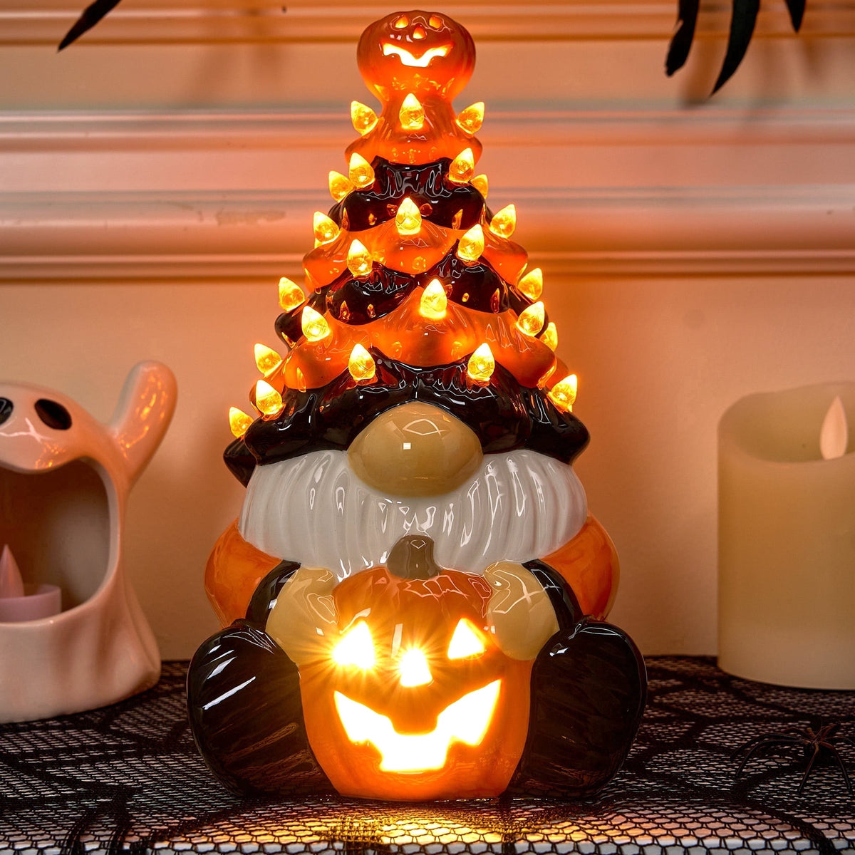 Joyfy 8.5 inch Halloween Decorations Ceramic Gnome Tree Decorations with Build-in LEDs, Light Up Pumpkin Table Decor Bedroom Indoor Centerpieces for Tables