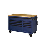 Heavy-Duty 52 in. 9-Drawer Mobile Workbench With Adjustable-Height Solid Wood Top - Matte Blue