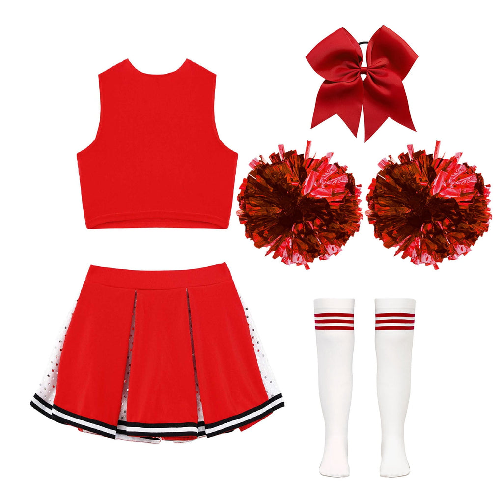 renvena irls Cheer Dance Costume Halloween Sleeveless Crop Top Pleated Skirt Cheerleading Uniform Dress A Red 8