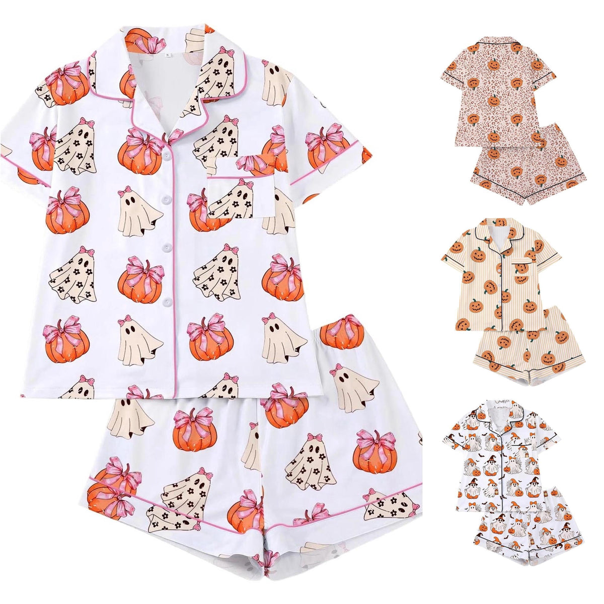 CUZIBR Girls Halloween Pajamas Sets Soft Comfortable Ghost Pumpkin Lapel Button Short Sleeve Shirt Elastic Waist Shorts 2 Pieces Sleep Loungewear Relaxed Sleepwear Outfits, Orange-C