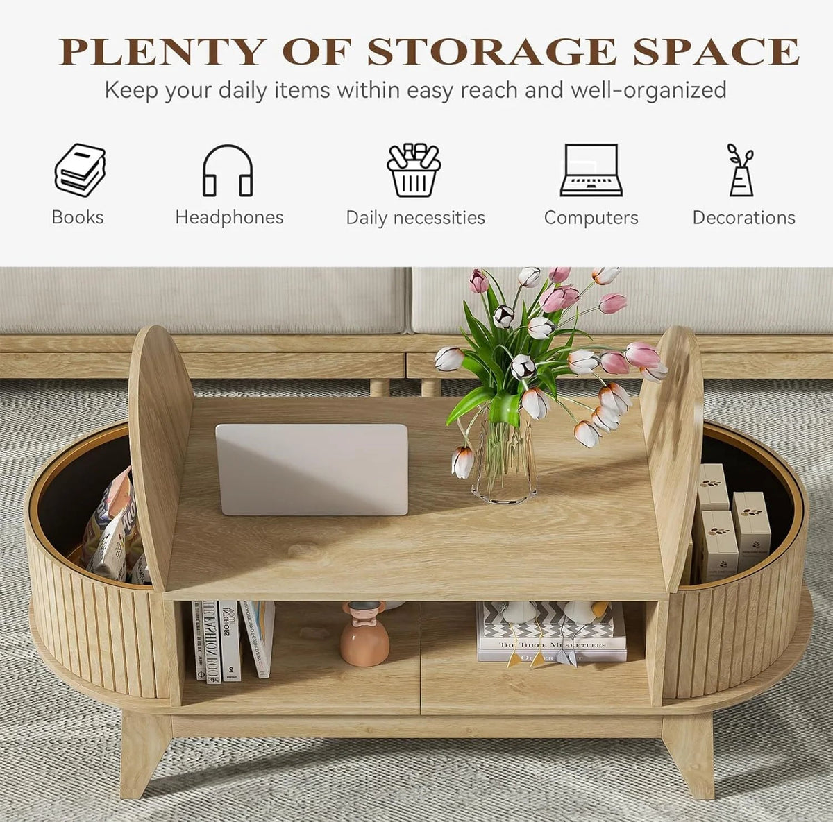 Fluted Oval Coffee Table With Storage, 46.45 x 19.68 x 15.94 in