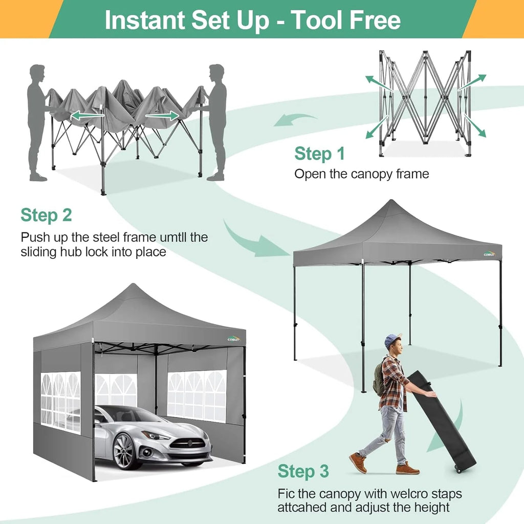 COBIZI 10x20 Heavy Duty Pop-Up Canopy Tent With 6 Sidewalls - Black