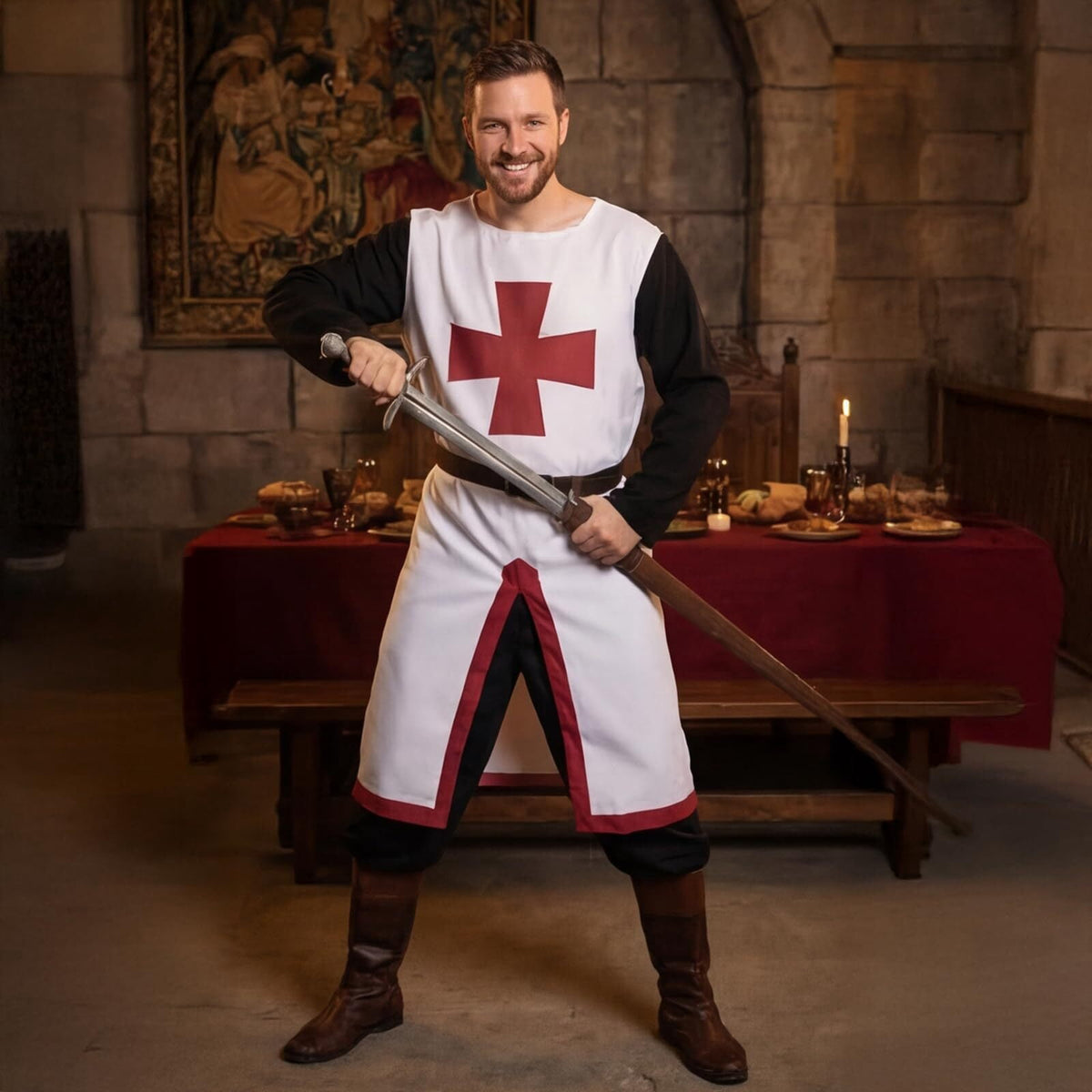 VZQI Men's Medieval Crusader Costume Set, Knights Templar Tunic with Belt for Halloween Renaissance Cosplay