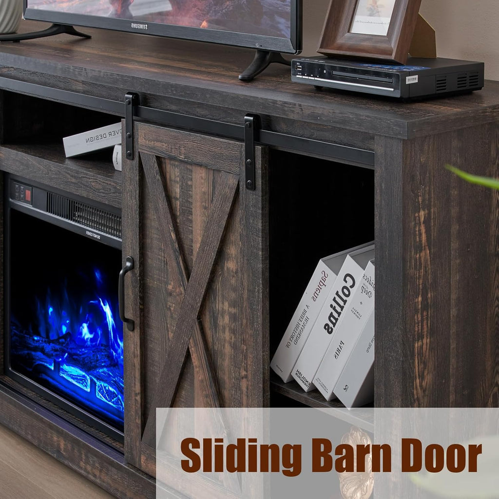 AMERLIFE Fireplace TV Stand With Sliding Barn Door, 63in Dark Rustic Oak - For TVs Up To 73in