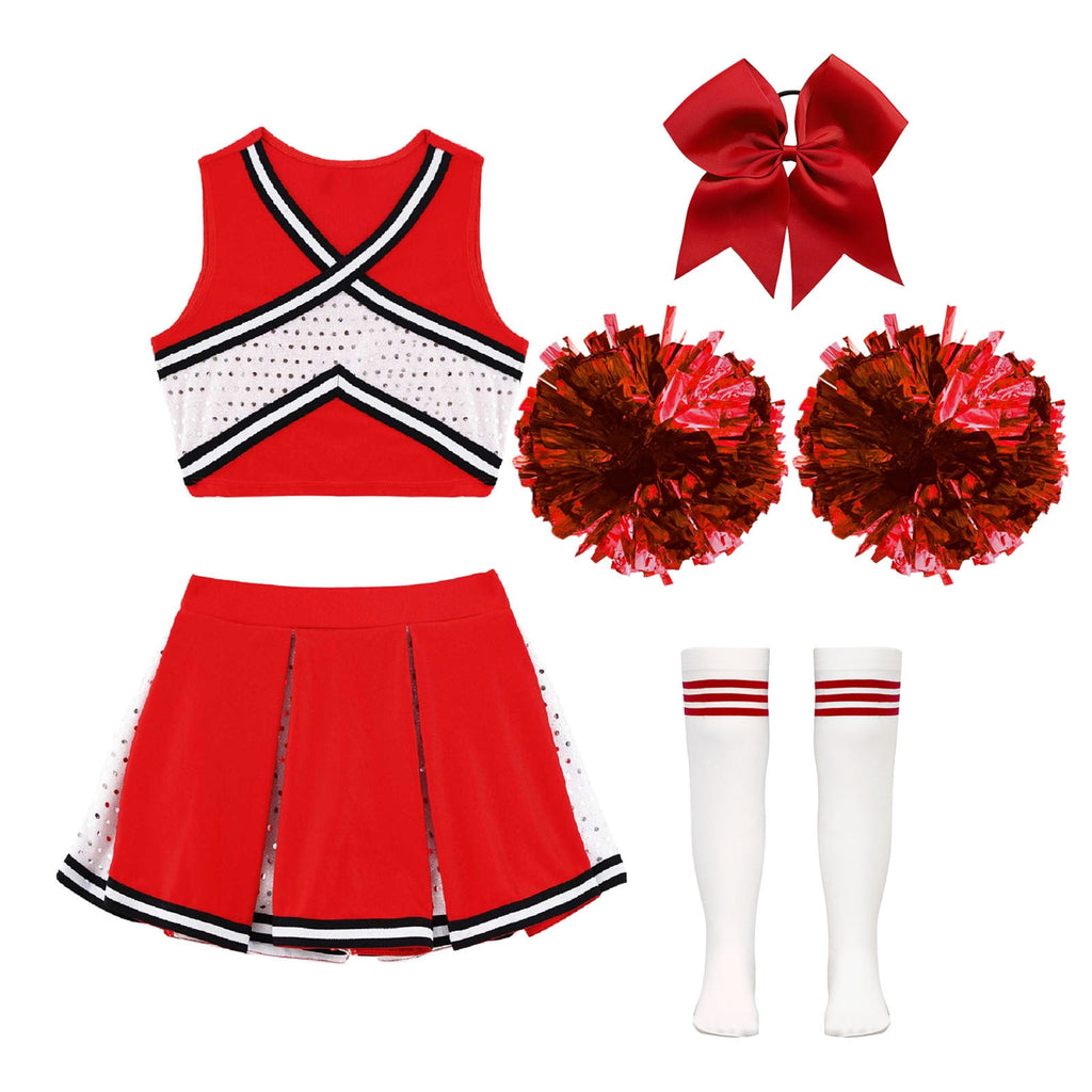 renvena irls Cheer Dance Costume Halloween Sleeveless Crop Top Pleated Skirt Cheerleading Uniform Dress A Red 8