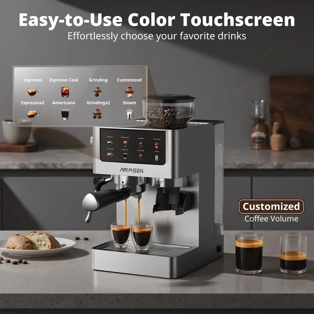 AIRMSEN Espresso Machine With Grinder, 20-Bar, 1350W, 63oz, Brushed Stainless Steel