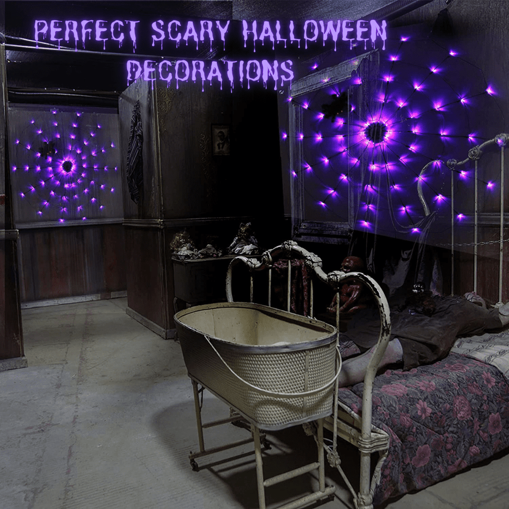 Halloween Decorations Spider Web Lights, 4FT Diameter 70 LED with Black Spider, Waterproof Net Lights, Remote Control