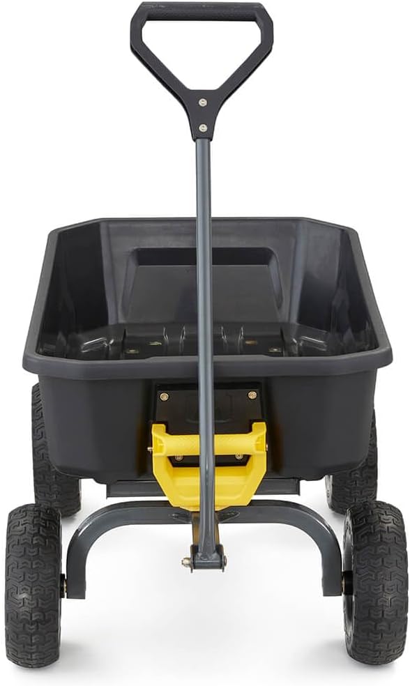 Poly Dump Garden Cart With No-Flat Tires And Serrated Shovel, 7 Cubic Feet, 1,200 lb Capacity, Black